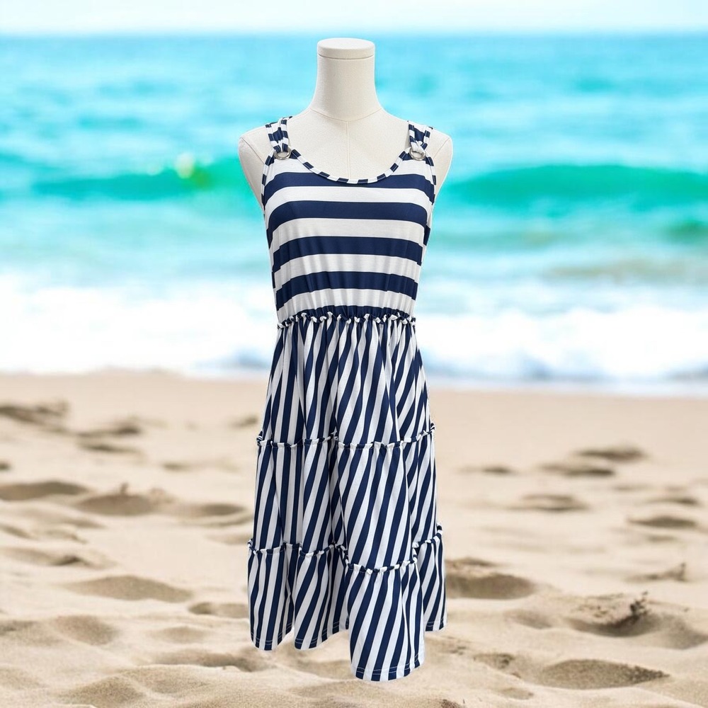 Navy White Striped Tiered Sundress‎ Womens Medium Beach Summer Casual Sleeveless